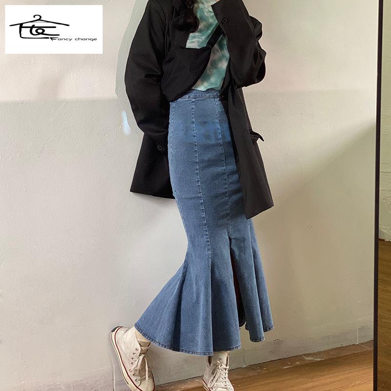 Chân Váy Denim Đuôi Cá Lưng Cao Dáng Chữ a Xẻ Tà Phong Cách Retro 150 Mẫu Mới Cho Nữ xs