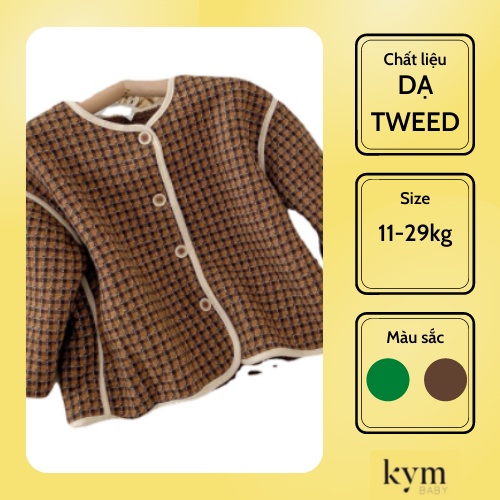 Áo khoác dạ tweed sọc nổi lót lông cừu phong cách Hàn Quốc cho bé gái A583