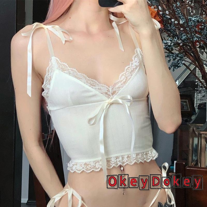 Áo croptop cổ chữ V khoét sâu không tay phối ren đính nơ thời trang cho nữ