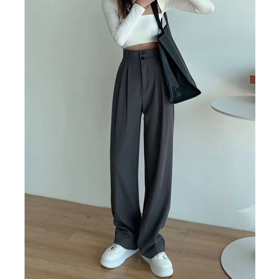 Quần dài ZHELIHANGFEI ống rộng lưng cao màu đen thời trang cao cấp cho nữ