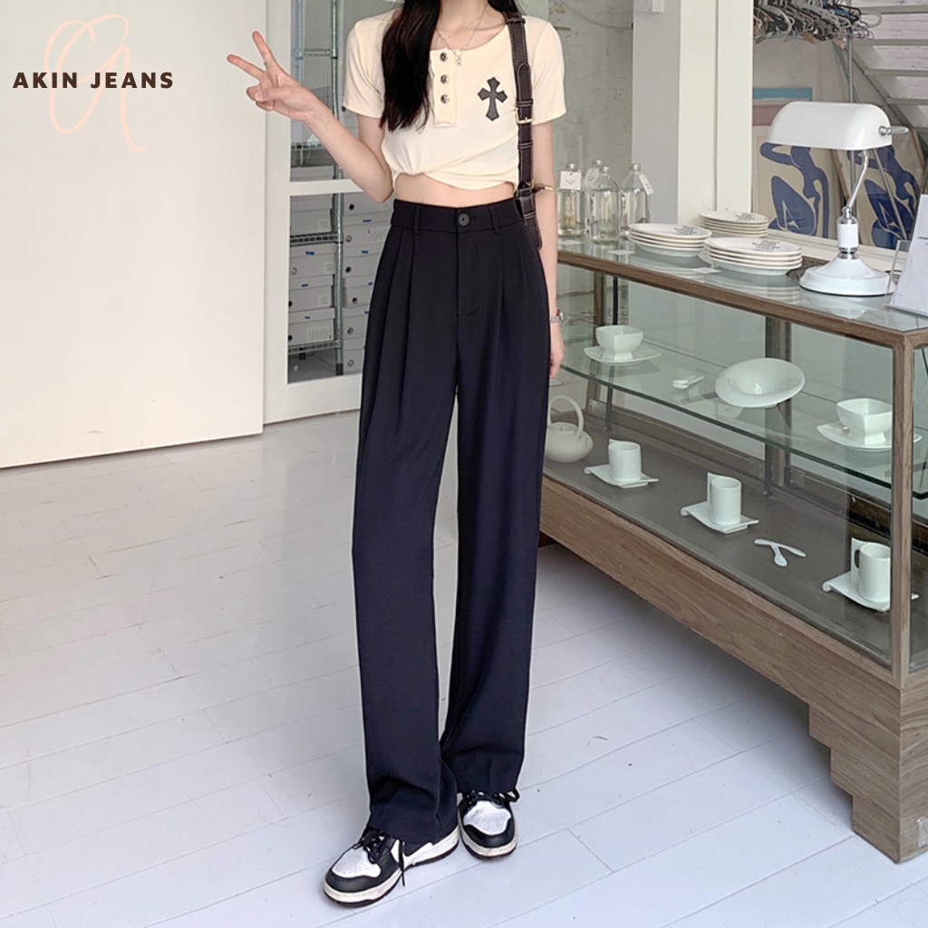 Quần Ống Suông Nữ Lưng Cao, AKIN JEANS, Quần Ống Rộng Dáng Đứng Baggy Chất Vải Ruby Cao Cấp, S1CRB Qc