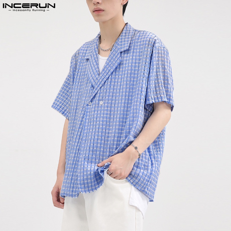 Áo sơ mi INCERUN ngắn tay dáng rộng họa tiết sọc caro phong cách Hàn Quốc cho nam