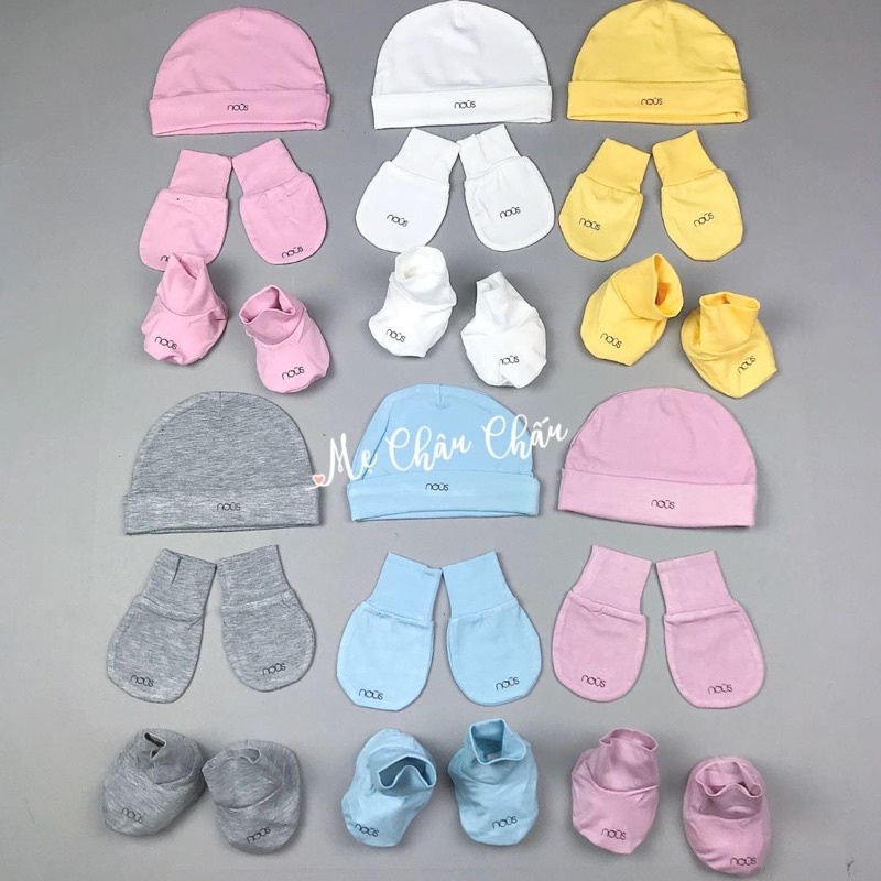 set gồm 1 mũ, 1 bao tay, 1 bao chân nhiều màu Nous, arich, ualarog cho bé sơ sinh