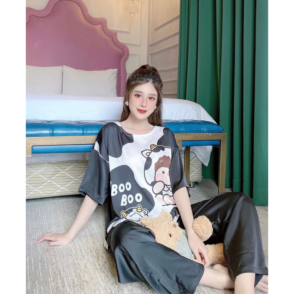 Đồ bộ nữ pijama bộ lụa ngủ mặc nhà tay ngắn quần dài satin dễ thương CARY