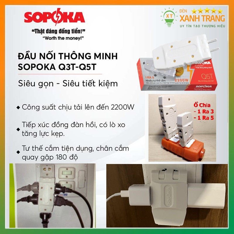 Ổ chia điện, đầu nối thông minh SOPOKA Q3T-Q5T chia 3 chia 5 ổ cắp nối siêu gọn, siêu tiết kiệm