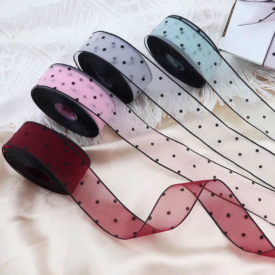 Ruy Băng Voan Chấm Bi Nhỏ Viền Đen (1 mét)