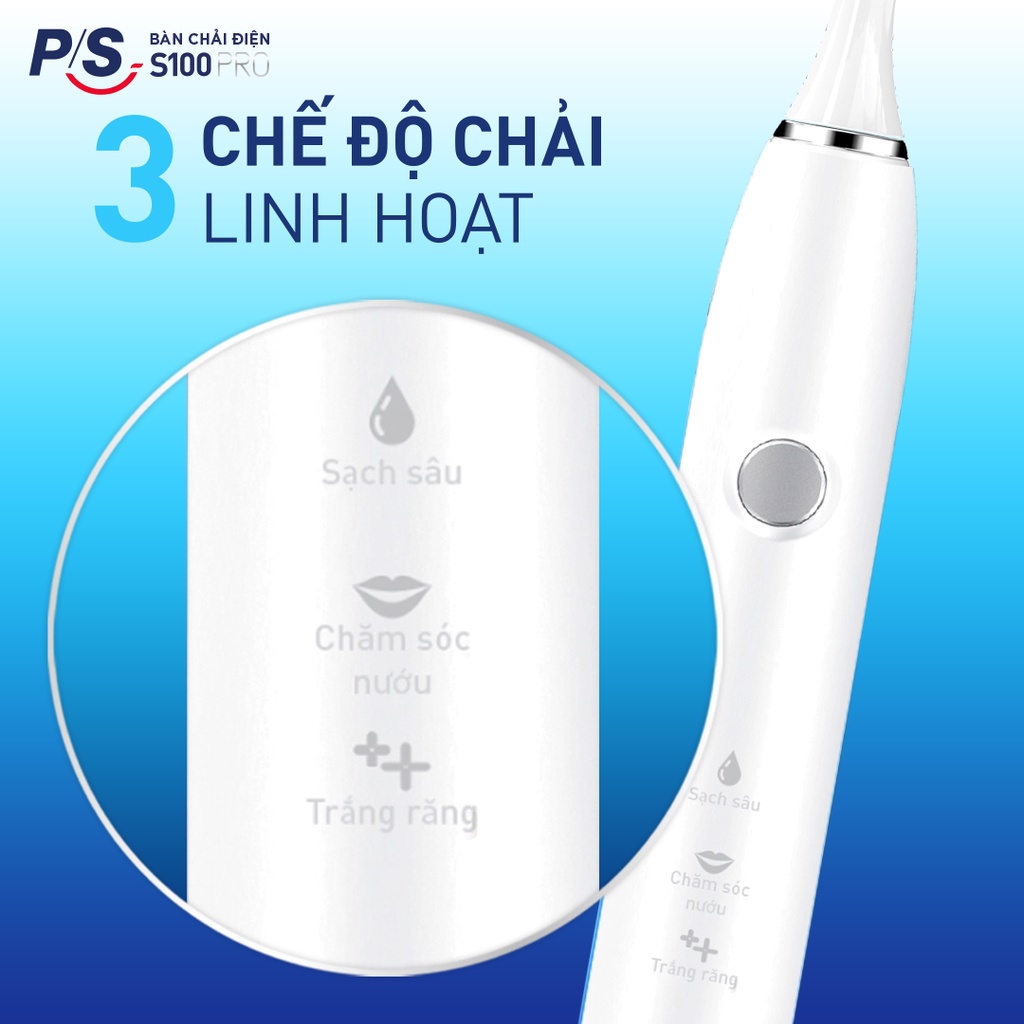 Combo 2 Bộ bàn Chải Điện P/S S100 PRO - Công Nghệ Sóng Âm, Chải Sạch Mảng Bám Tới 10X - Đen Nhám