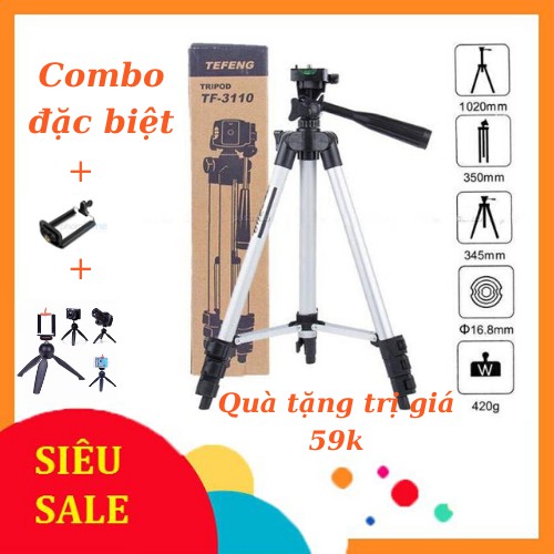 Combo 3 món chân đế chụp hình Tripod TF-3110+kẹp điện thoại + chân 288 tiện dụng