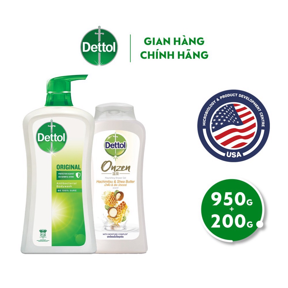 Sữa tắm dettol kháng khuẩn 950g quả thông  tặng sữa tắm dưỡng thể 200g hạnh nhân