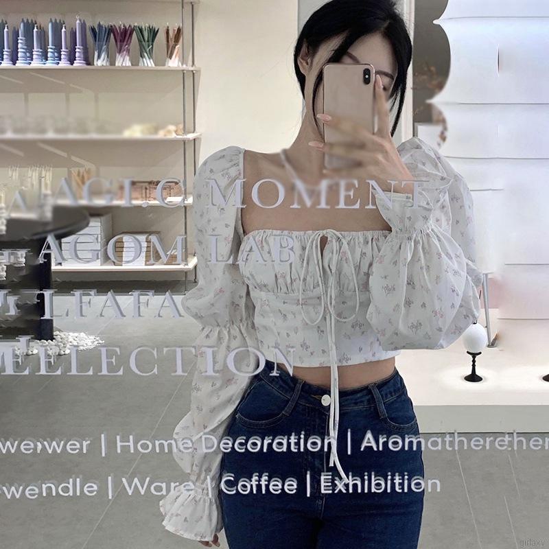 Áo croptop tay dài phồng cổ vuông in hoa phối bèo phong cách retro Hàn Quốc xinh xắn cho nữ