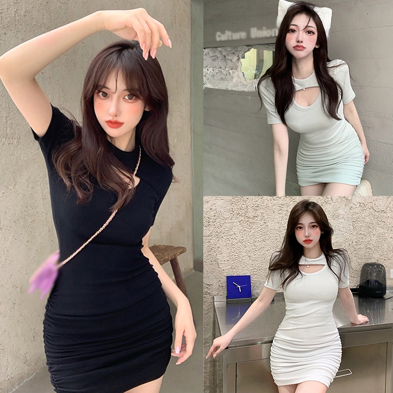 Đầm Tay Ngắn Màu Sắc Đơn Giản Phong Cách Hàn Quốc Cho Nữ