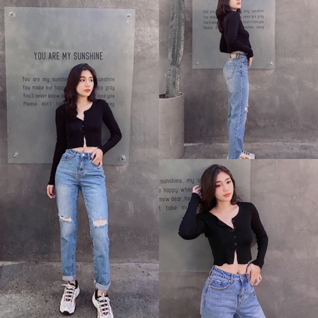 Quần SX BAGGY rách và Áo Croptop LEEVE TOP - Áo Color Top tay dài