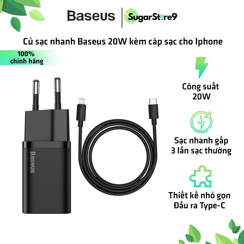 Củ Sạc Nhanh Cho Iphone - Củ Sạc Nhanh Baseus 20W Cổng Type-C Hỗ Trợ QC3.0 PD Nhỏ Gọn Cho Phone 12 kèm cáp Lightning