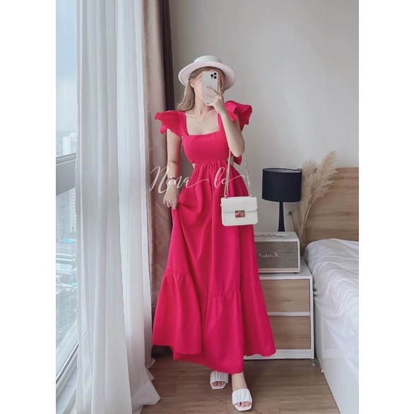 Đầm maxi cánh tiên khoét eo hở lưng thắt nơ lưng 4 màu đi biển