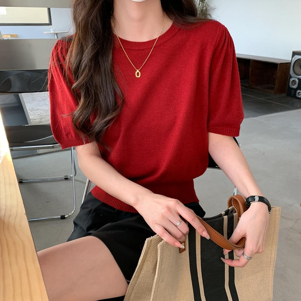 Áo Thun Dệt Kim Tay Ngắn Cổ Tròn Màu Trơn Phong Cách Mới 50195