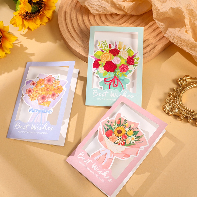 Thiệp quà tặng bó hoa best wish 4 mẫu DABU kèm bao thư quà tặng 20/10 quà tặng 20/11 quà tặng 8/3