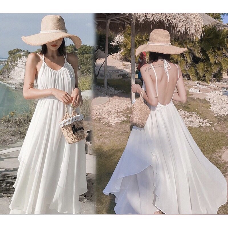 Maxi đi biển hai tầng hở lưng sang chảnh quyến rũ, kèm video va hình ảnh khách mặc