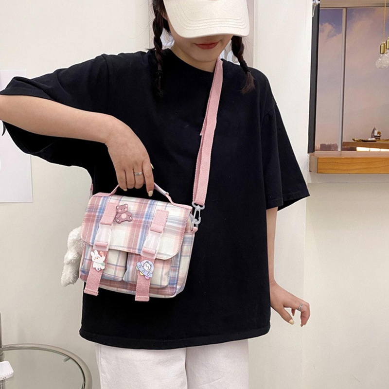 Túi Xách Nylon Đeo Chéo Họa Tiết Kẻ Sọc Màu Tương Phản Phong Cách Nhật Bản Thời Trang Cho Nữ