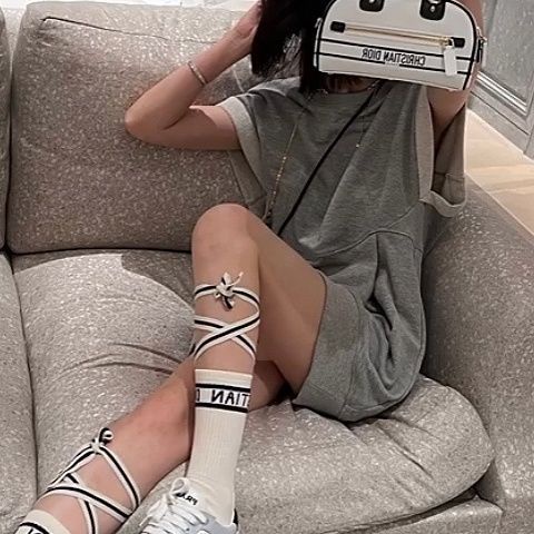 Jiashucheng Vớ Ống Cao Ngang Bắp Chân Buộc Dây Thoáng Khí In Chữ Phong Cách Preppy Đường Phố Thoáng Khí Dành Cho Bạn Nữ