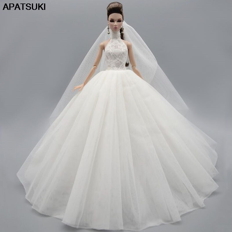 Đầm Công Chúa Dự Tiệc Dáng Dài Cổ Cao Màu Trắng Thời Trang Sang Trọng Cho Búp Bê Barbie