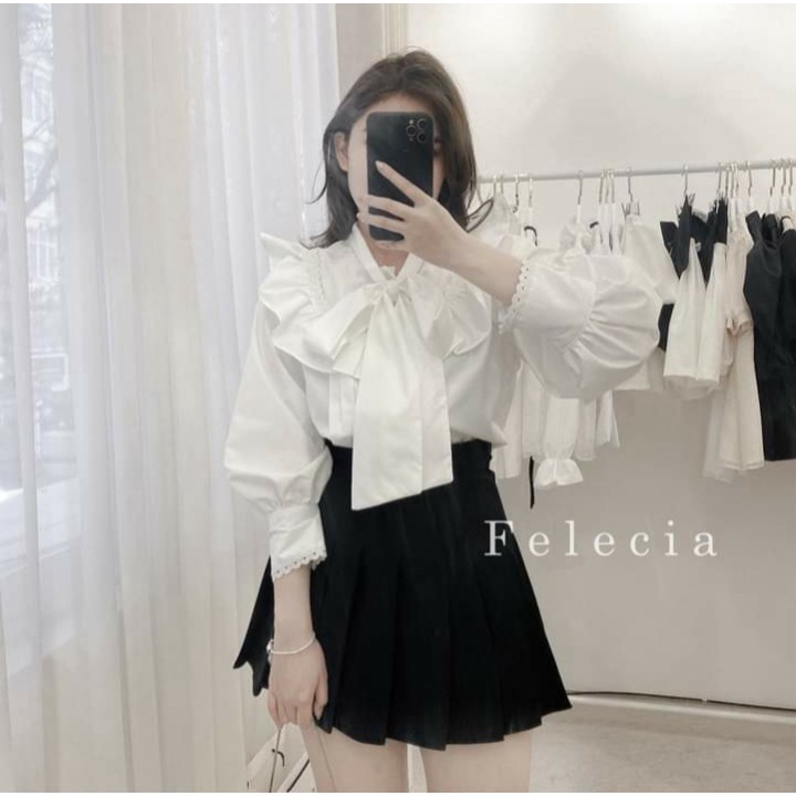 Áo kiểu nữ đẹp tay dài tiểu thư bánh bèo hàn quốc màu trắng cổ thắt nơ dáng sơ mi tay phồng sexy Liao fashion UVY007