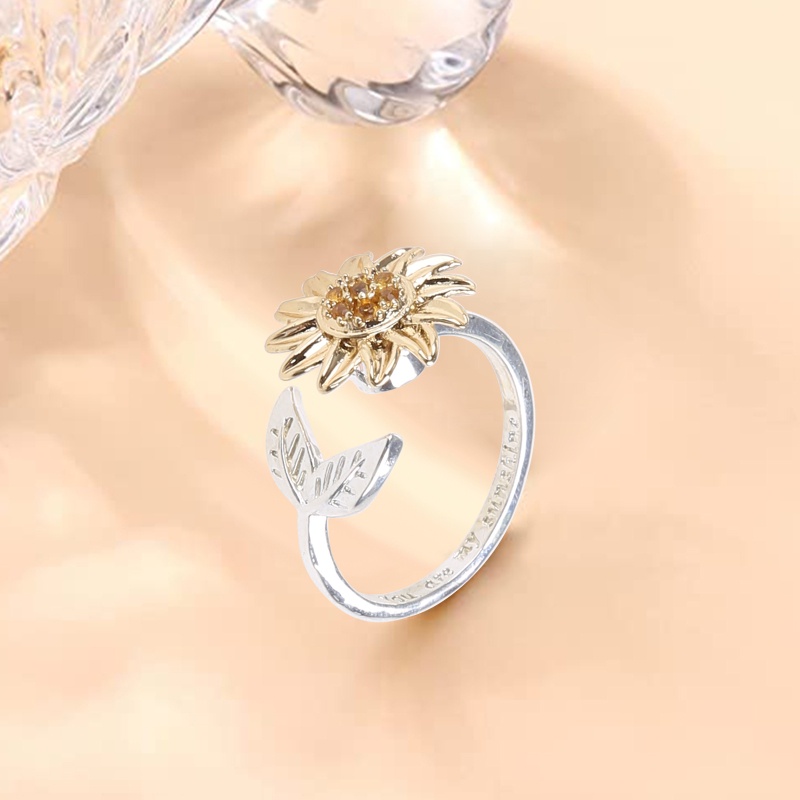 Nhẫn Xoay Hình Hoa Hướng Dương Màu Bạc Sáng Tạo Thời Trang Có Thể Điều Chỉnh Cho Nữ