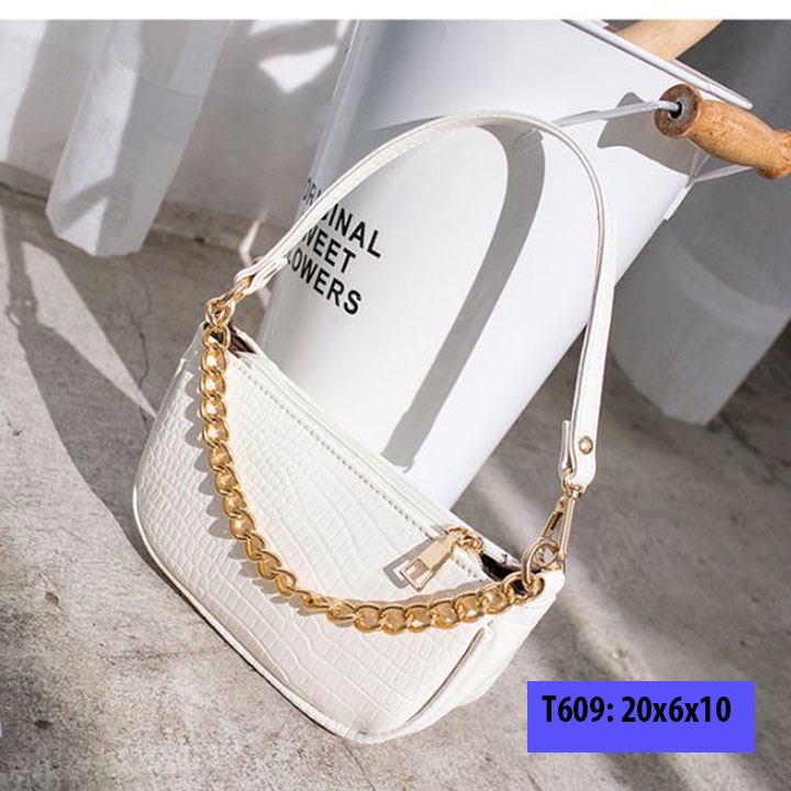 Túi xách đeo vai kẹp nách nữ da sần dây xích vàng có dây đeo chéo cá tính T609