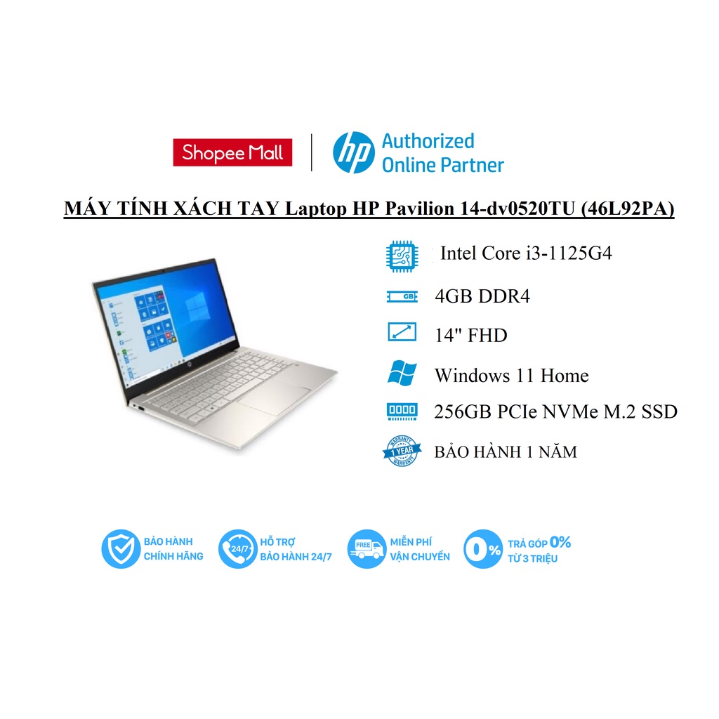 Máy tính xách tay Laptop HP Pavilion 14 ( 46L92PA )/ i3-1125G4 / 4G/ 256G SSD/ 14&quot;FHD/ WL+BT/ Windows 11/ Silver