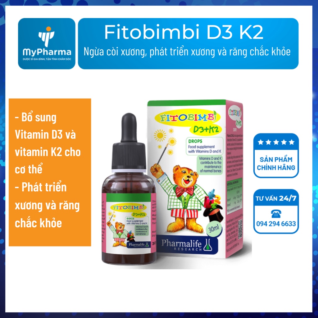 Fitobimbi D3 K2 - Ngừa còi xương, phát triển xương và răng chắc khỏe cho bé - chai 30ml