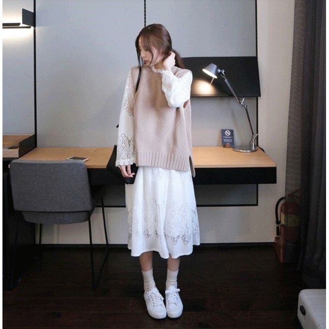 [ODER] [Ảnh Feaback phía sau] Set gile len váy trắng ren ulzzang cực xinh | BigBuy360 - bigbuy360.vn