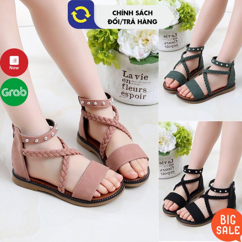 Dép quai hậu bé gái khóa kéo quai chéo dễ thương từ 3-18 tuổi màu Đen - Hồng phấn Dép trẻ em size 27-37