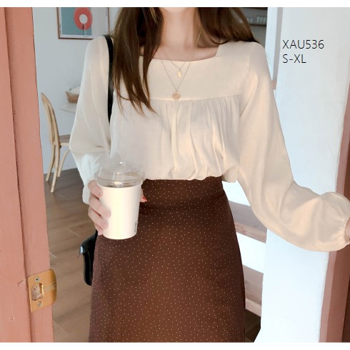 XẢ HÀNG XAU536 Áo sơ mi cổ vuông phong cách vintage cổ điển