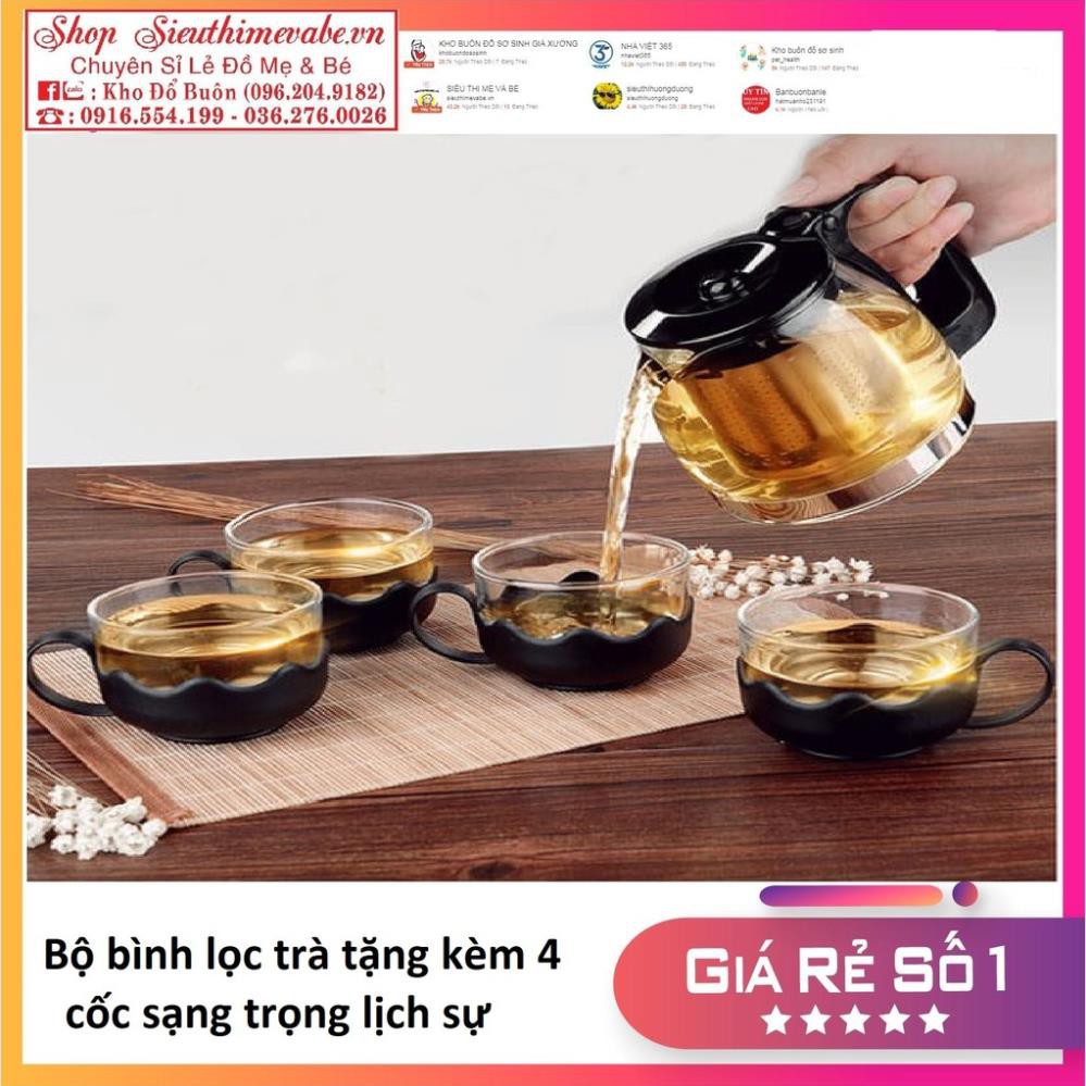 Bộ Bình Lọc Trà 700ml Thủy Tinh tặng Kèm 4 Ly Tiện Dụng