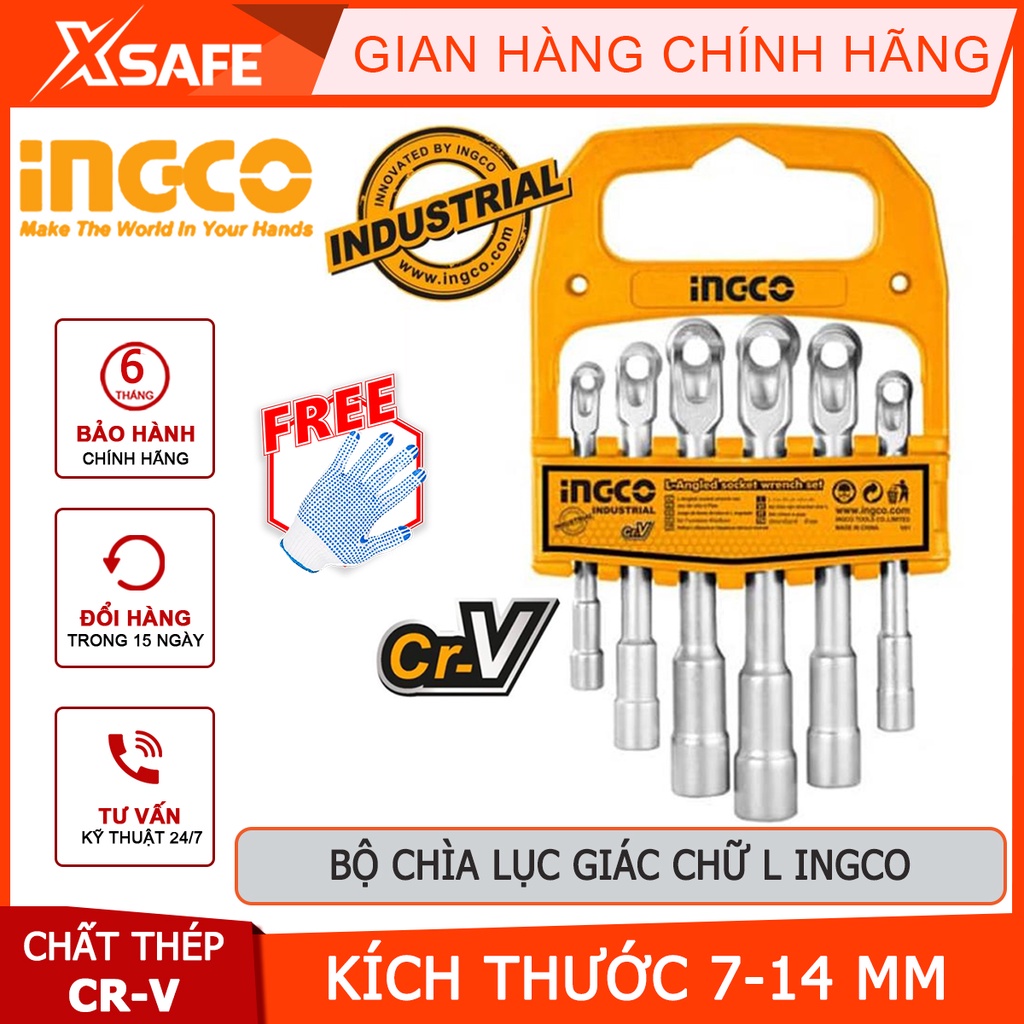 Bộ 6 chìa vặn góc L INGCO LASWT0601 Bộ chìa lục giác 6 chi tiết, chất liệu CR-V, cấu trúc một mảnh, đúc nguyên khối