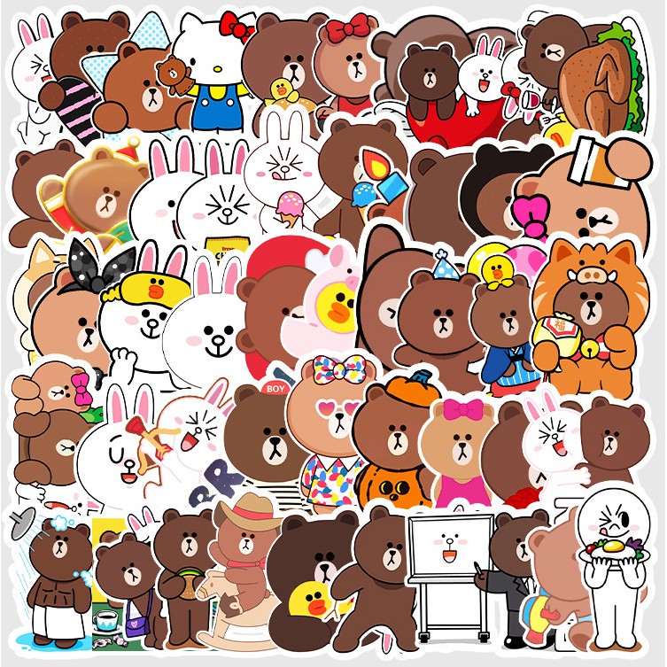 [Set 50 Cái] Bộ Sticker gấu brown và thỏ cony dán trang trí laptop, mũ nón bảo ...