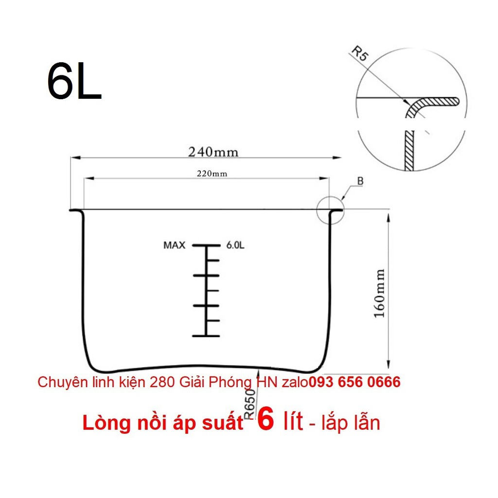 Lòng nồi áp suất Inox dung tích 4 lít, 5 lít, 6 lít cho Nồi áp suất đa năng
