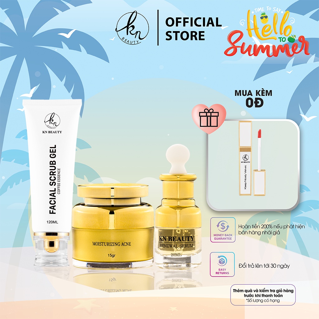 Combo 3 bước Ngừa mụn Trắng Da KN Beauty: Gel tẩy tế bào chết + serum + kem dưỡng ( tặng son + gel rửa tay)