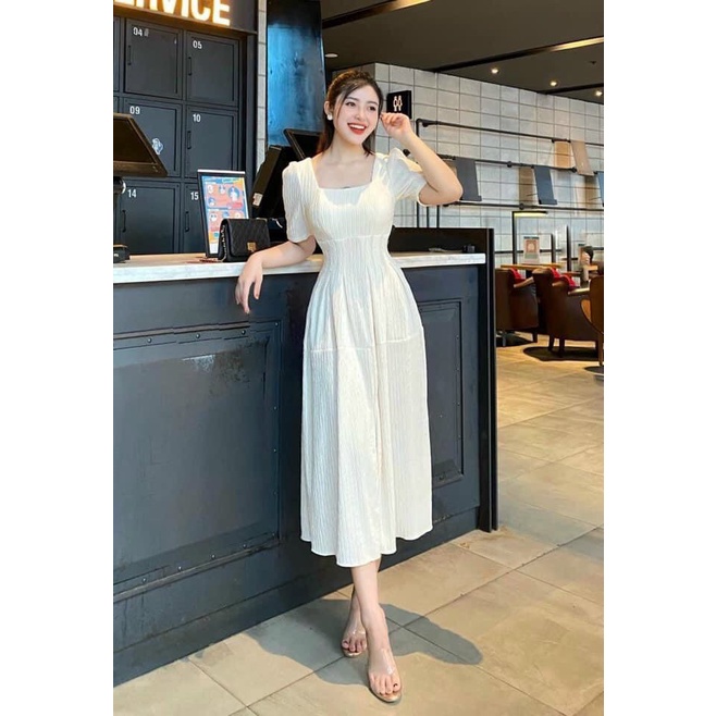 Váy đầm cổ vuông xẻ tà xếp ly eo,đầm nữ dáng xòe dài thiết kế chất liệu xốp gân sọc (full 2 lớp) nhẹ nhàng sang chảnh MP