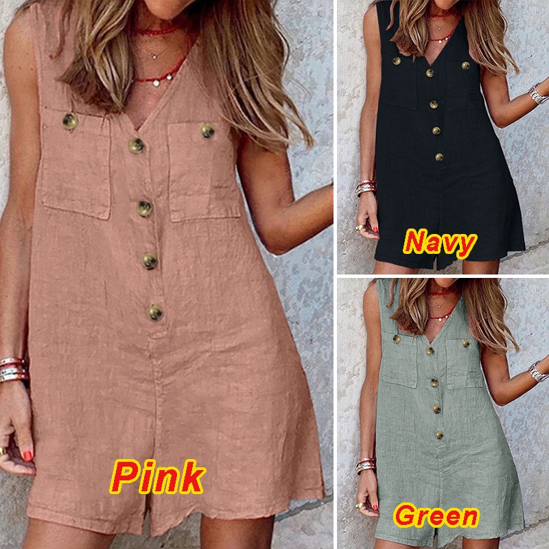 Jumpsuit ZANZEA Dáng Rộng Ngắn Vải Cotton Không Tay Màu Trơn Cổ Chữ V Cho Nữ