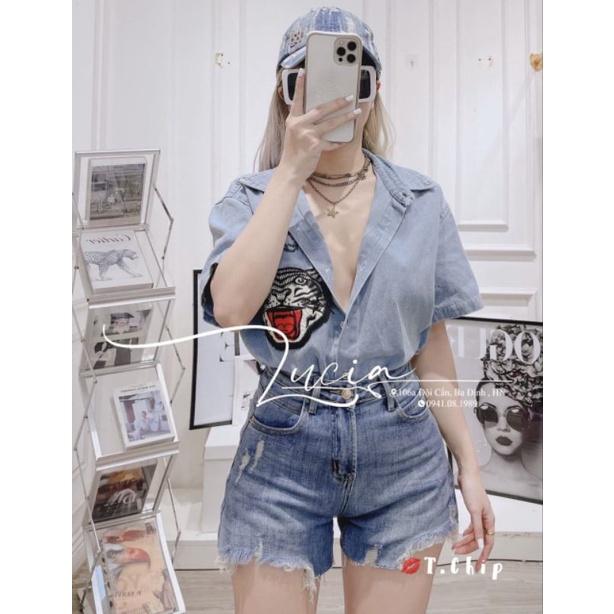 Áo sơmi jean thêu hổ ngắn tay hàng QCL1