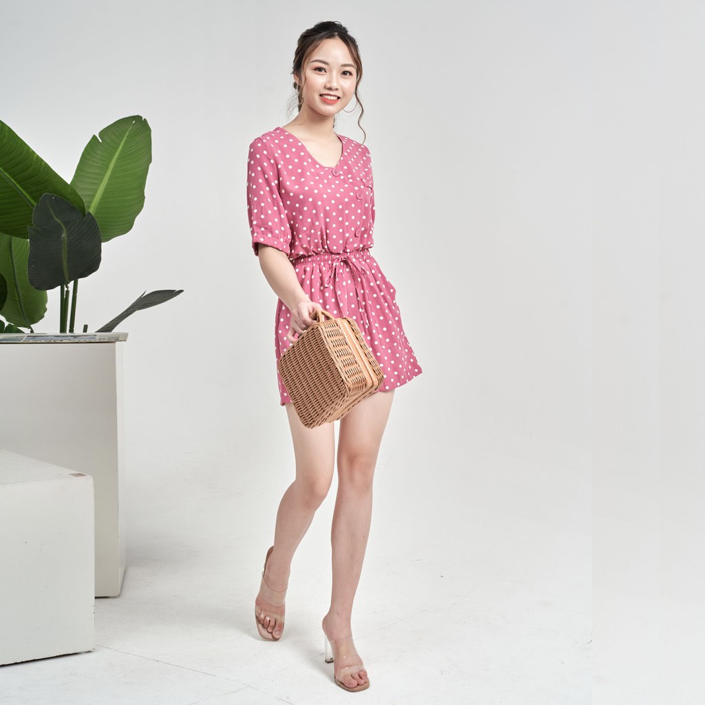 Jum Hồng Chấm Bi Trắng, Jumpsuit Dài Chất Lụa Satin Mềm, Đồ Bộ Nữ Phong Cách Cao Cấp