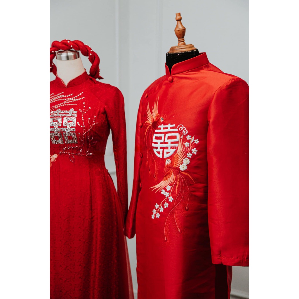 Áo dài đám hỏi - áo dài cưới cặp màu đỏ cô dâu chú rể chất liệu gấm hoạt tiết hoàng thêu tay cao cấp, ÁO DÀI THIÊN AN