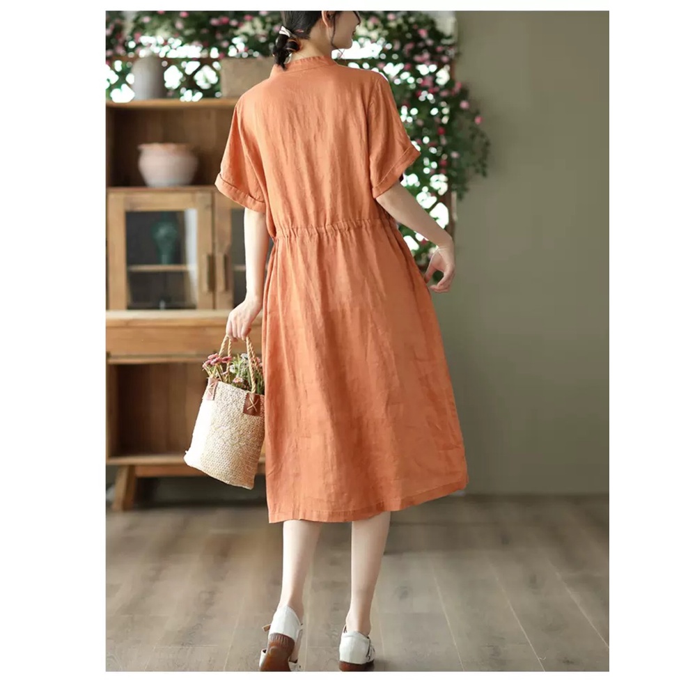Đầm suông Linen hè nữ ngắn tay, cổ V phối cúc kèm dây thắt eo, chất liệu linen mềm mát Da171
