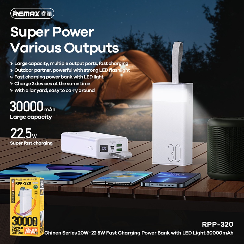 Pin dự phòng sạc nhanh Remax RPP-320 dung lượng 30000mAh có đèn pin - hỗ trợ QC 22.5 và PD 20W (2 màu tuỳ chọn)