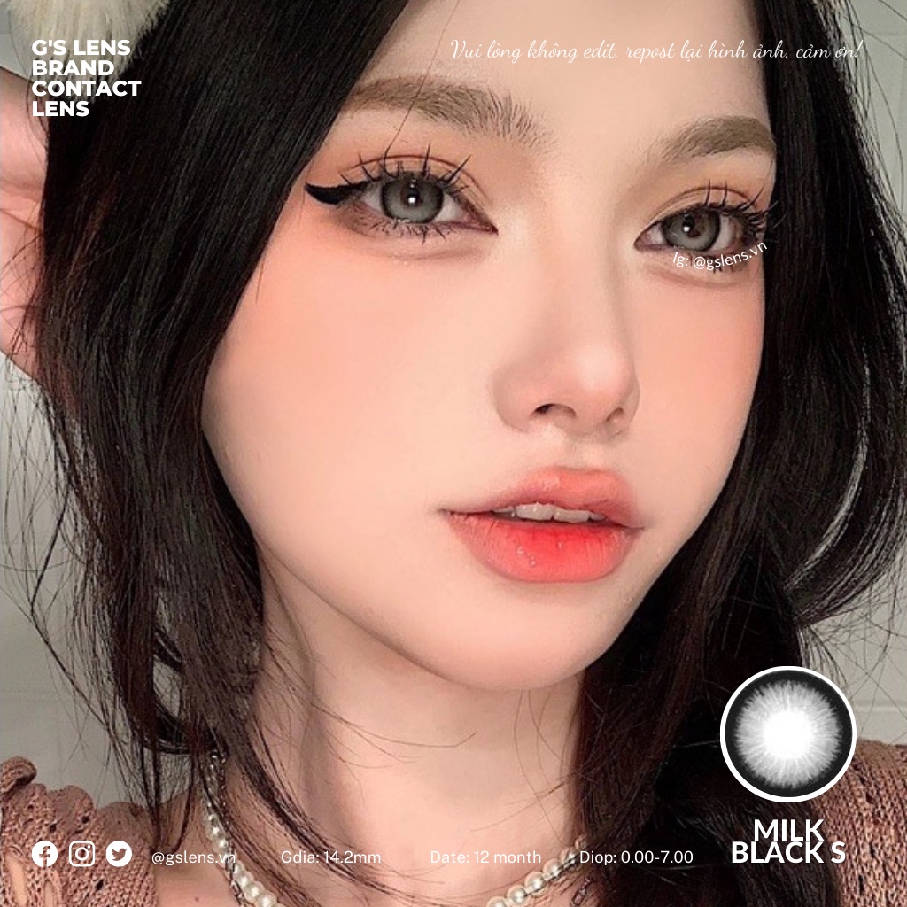 Lens Mắt Kính Áp Tròng Đen Xám Hoa Văn MILK BLACK Giãn Ít Có Từ 0 Đến 7 Độ Lệch Độ Size S 14.2mm
