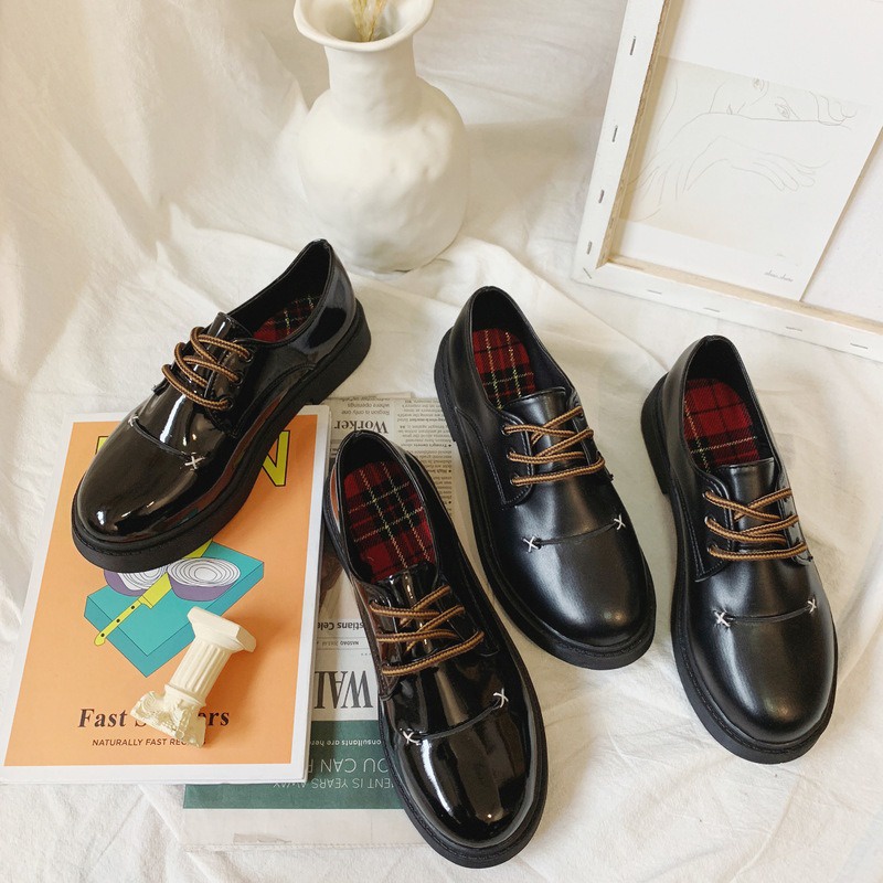 Giày Oxford Da Màu Đen - Giày Boot Đế Dày Kiểu Dáng Trung Học Năng Động Cho Các Bạn Nữ