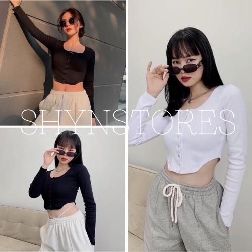 Áo croptop nữ vạt bầu dài tay phối cúc dọc vải thun tăm co giãn Shynstores