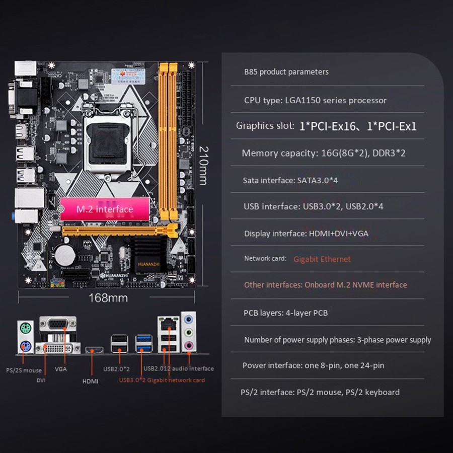 HUANANZHI B85 Motherboard M-ATX Intel LGA 1150 I3 I5 I7 E3 DDR3 1333/1600MHz 16GB M.2 SATA3 USB3.0 VGA DVI HDMI Mainboard