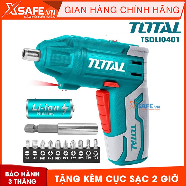 Máy siết vít dùng pin Lithium 4V TOTAL TSDLI0401 Tặng kèm cục sạc 2 giờ, 10 mũi siết vít 25mm, 1 mũi từ [máy bắn vít]