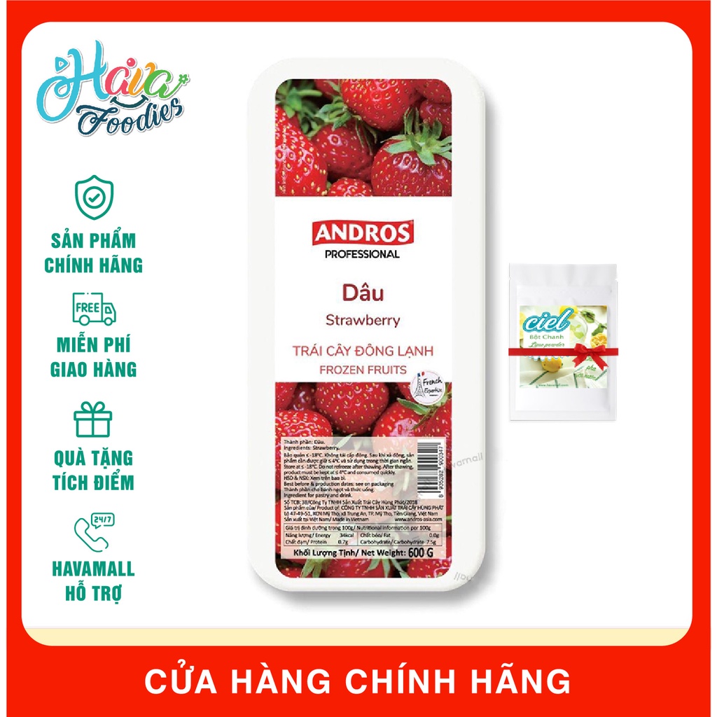 Dâu Tây (Strawberry) Đông Lạnh Andros Hộp 600gr - TẶNG KÈM BỘT CHANH